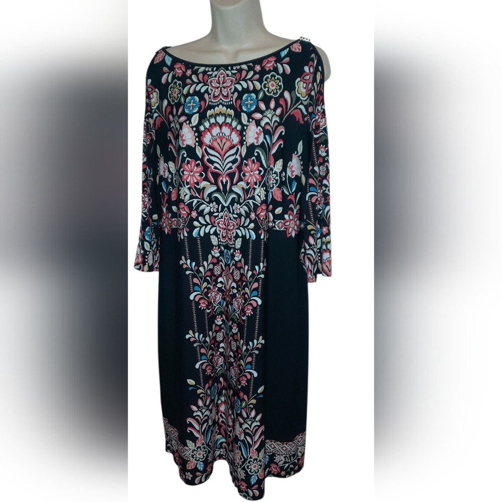 JM Collection Black Midi Dress with Pink & Blue Floral Print - Long Sleeve